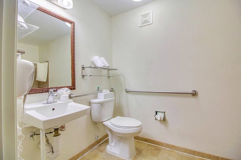 Accessible bathroom with grab bars beside the toilet and a roll-under sink.