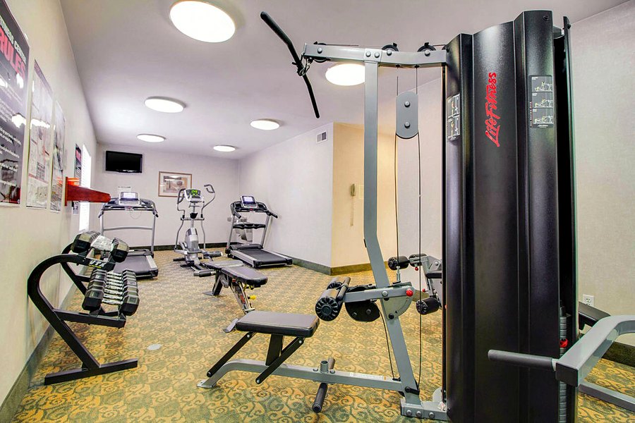 Fitness room with a weight machine, treadmill and free weights.